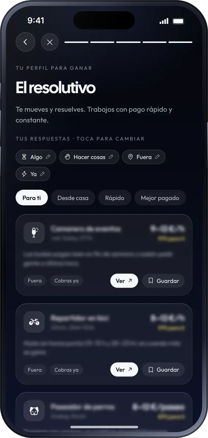 Pantalla Ganar de finent: perfil «El resolutivo» y tus respuestas; las ideas de abajo aparecen desenfocadas.
