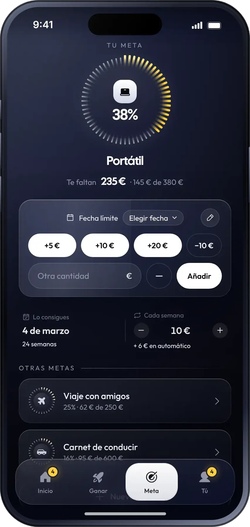 Pantalla Meta de finent: anillo de progreso al 38 % para un portátil; te faltan 235 € (llevas 145 € de 380 €), botones para sumar dinero y la fecha en que lo consigues.